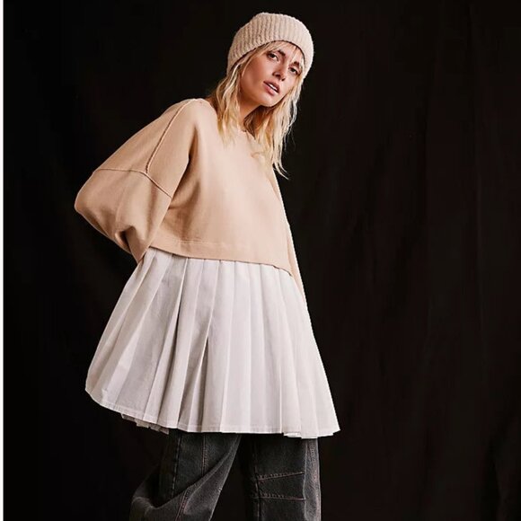FREE‎ PEOPLE Eleanor Slouchy Neutral Semolina Combo Sweatshirt Dress Size L NWT - Picture 1 of 9